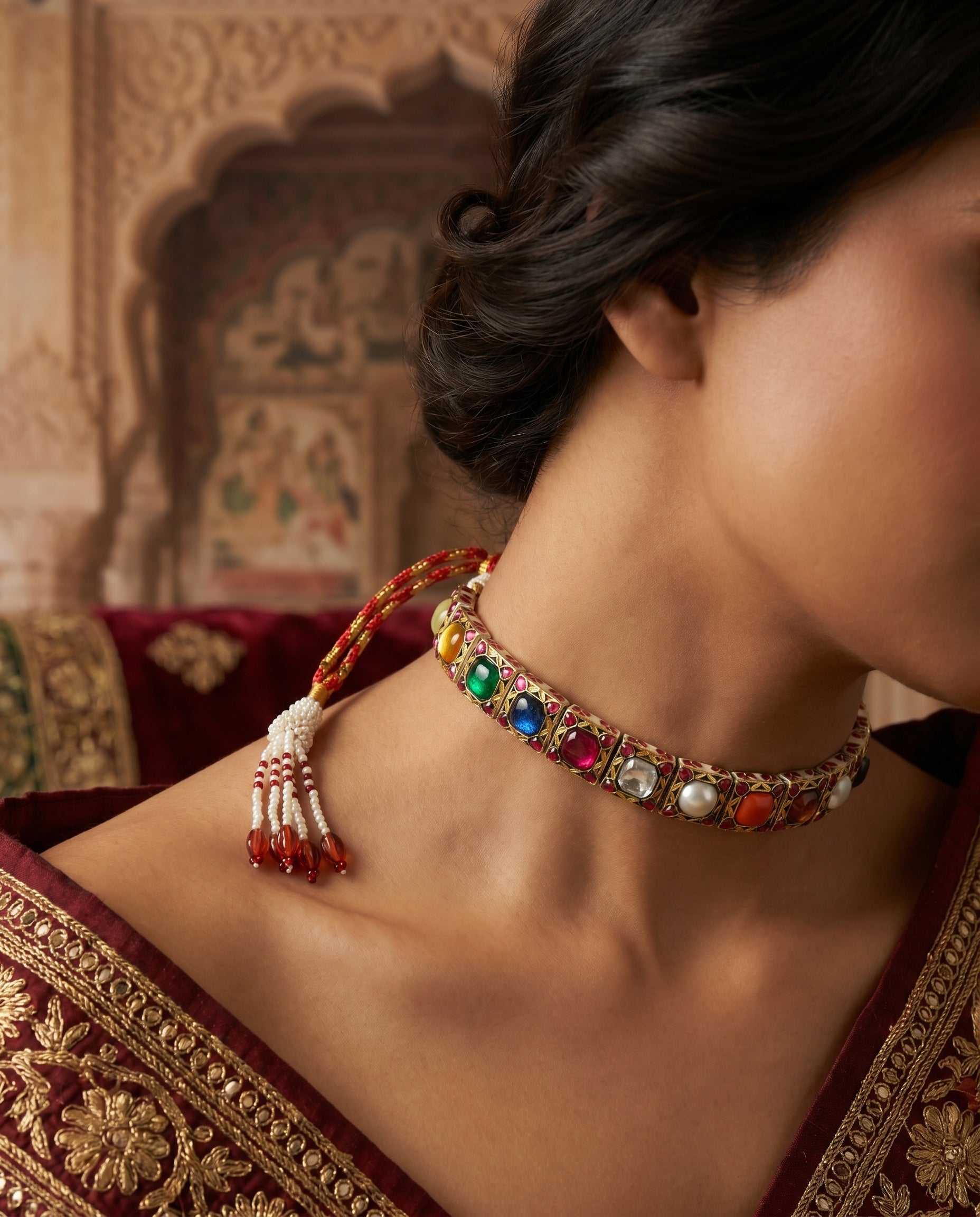 Jharoka Navaratan bracelet cum choker | Vama Gears