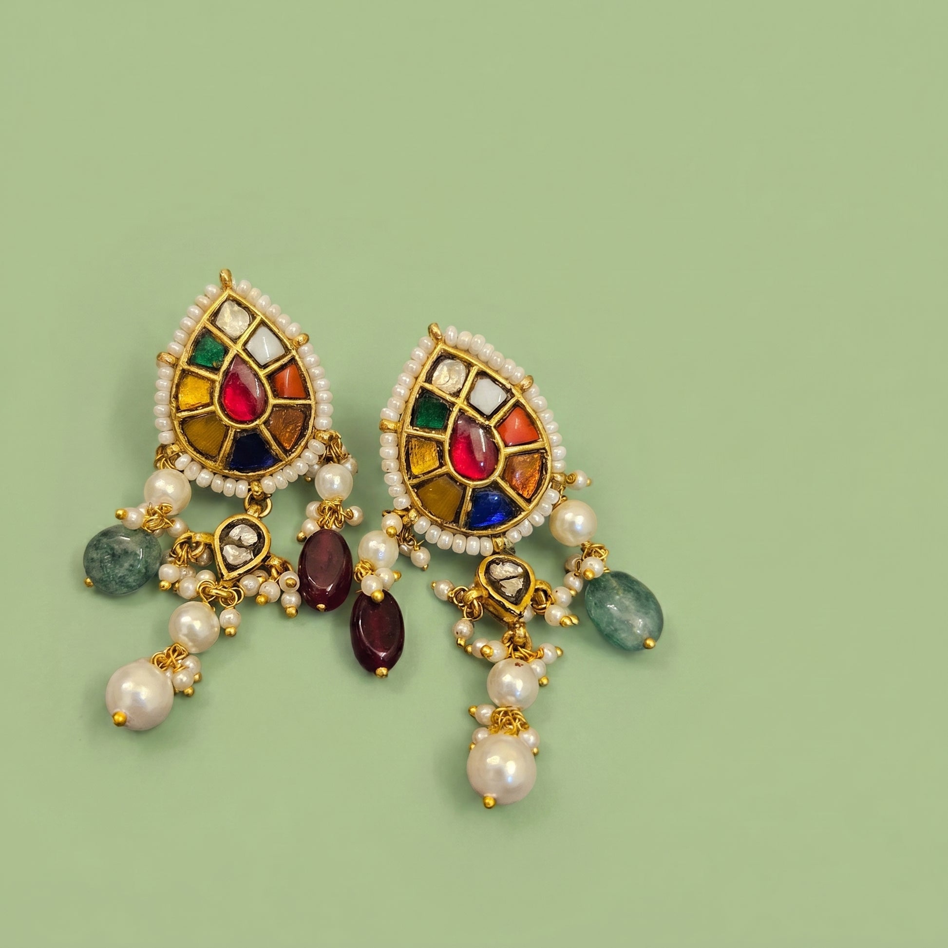 Jharoka Diamond navaratan studs with danglers | Vama Gears