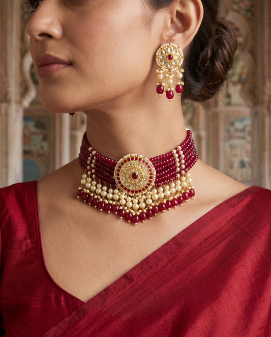 Handcrafted 22kt Gold Red Choker Set with 3 Carat Certified Syndicate Polki and Red Semi Precious Stones in Thapa Work