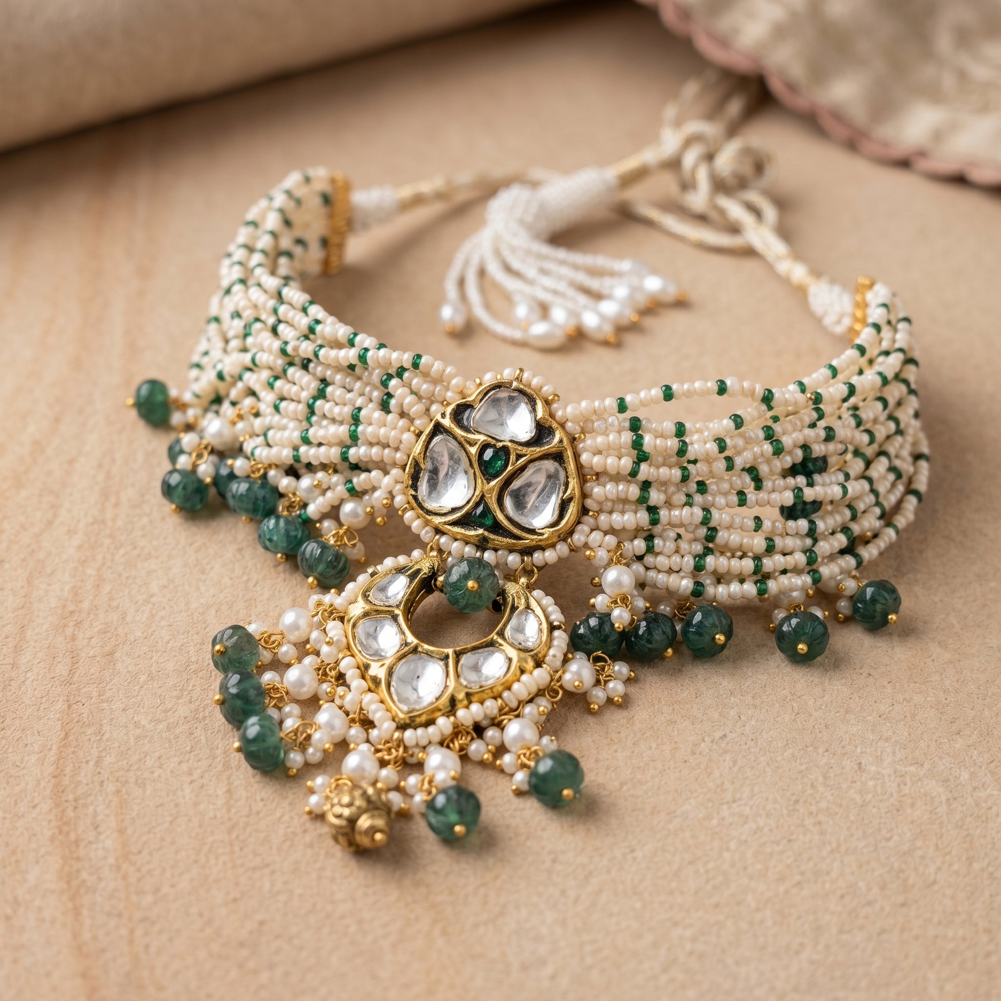 Handcrafted 22kt Gold Green Triangle Choker with Certified Syndicate Polki and Green Semi Precious Stones in Thapa Work