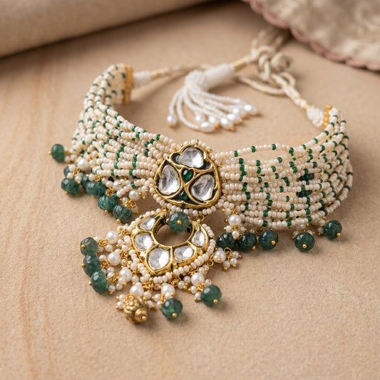 Handcrafted 22kt Gold Green Triangle Choker with Certified Syndicate Polki and Green Semi Precious Stones in Thapa Work