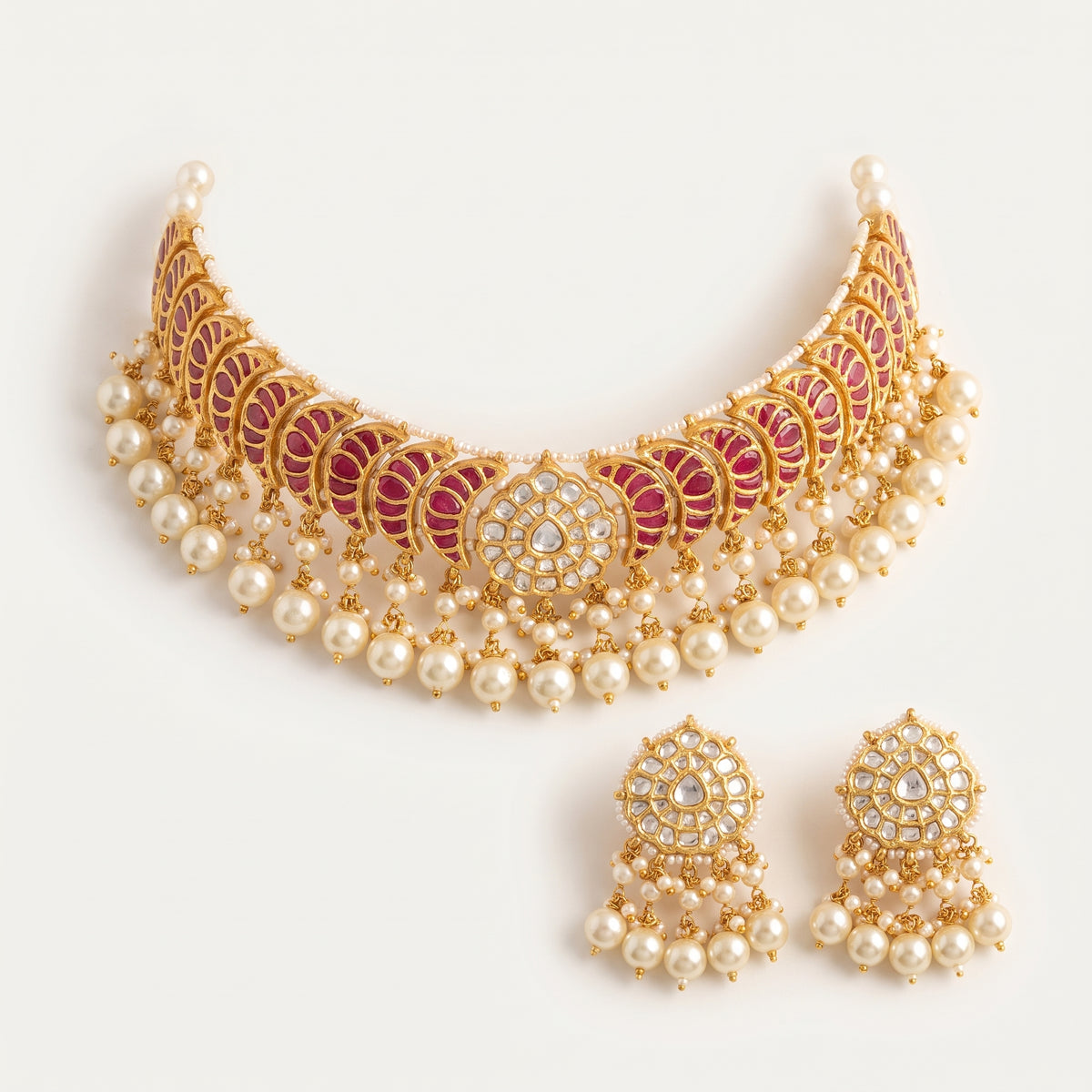 Handcrafted 22kt Gold Ruby Half Moon Choker Set with 12 Carat Certified Syndicate Polki and Ruby Red Semi Precious Stones in Crescent Thapa Work