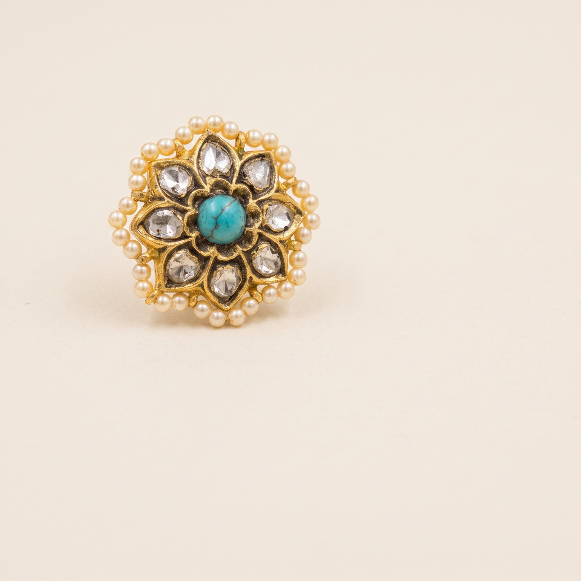 Handcrafted 22kt Gold Star Feroza Studs with 3 Carat Certified Syndicate Polki and Turquoise Feroza Stones in Thapa Work