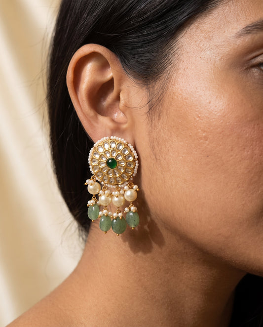 Handcrafted 22kt Gold Green Studs with 2 Carat Certified Syndicate Polki and Green Semi Precious Stones in Lightweight Gold Sheet Work