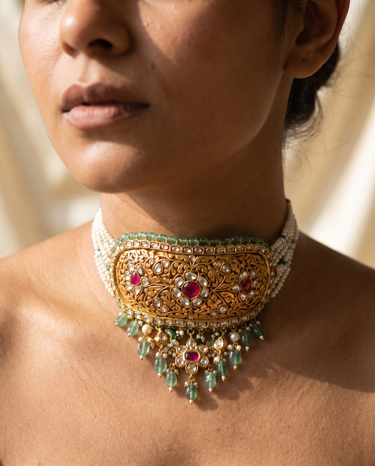 Handcrafted 22kt Gold Pratash Choker Set with 9 Carat Certified Syndicate Polki in Thapa Work