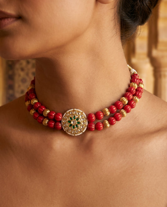Jharoka Round flower coral choker | Vama Gears