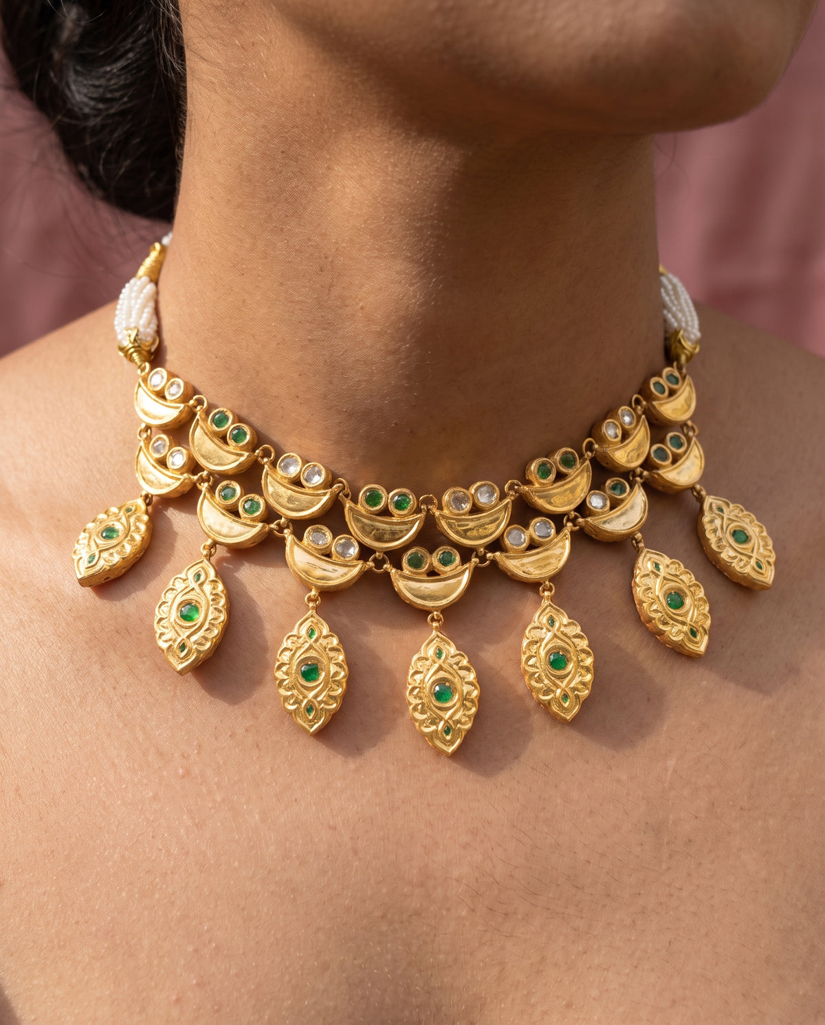 Handcrafted 22kt Gold Emerald Half Moon Set with 5 Carat Certified Syndicate Polki and Emerald Green Semi Precious Stones in Crescent Thapa Work