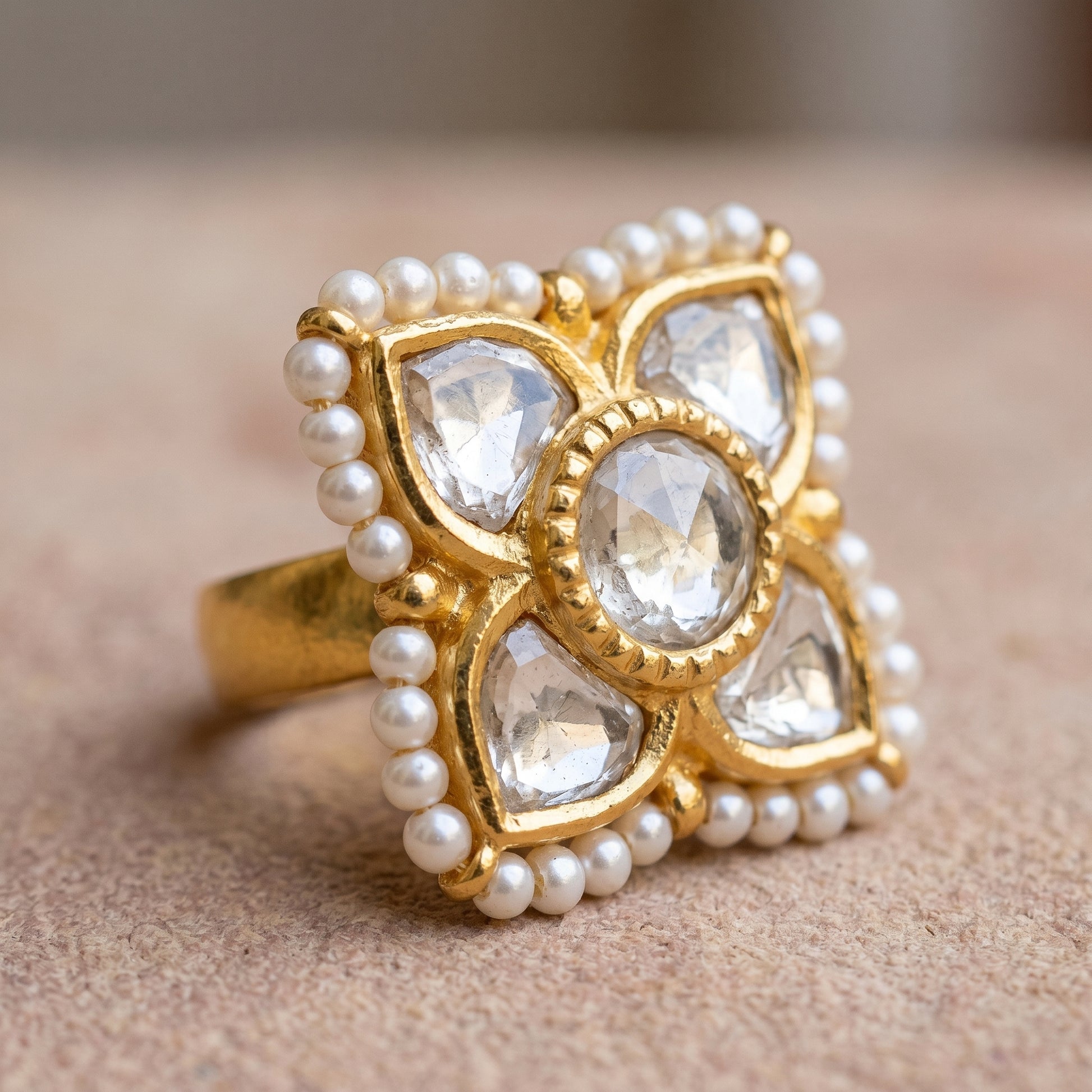 Handcrafted 22kt Gold Petal Ring with Certified Syndicate Polki in Petal Motif Thapa Work