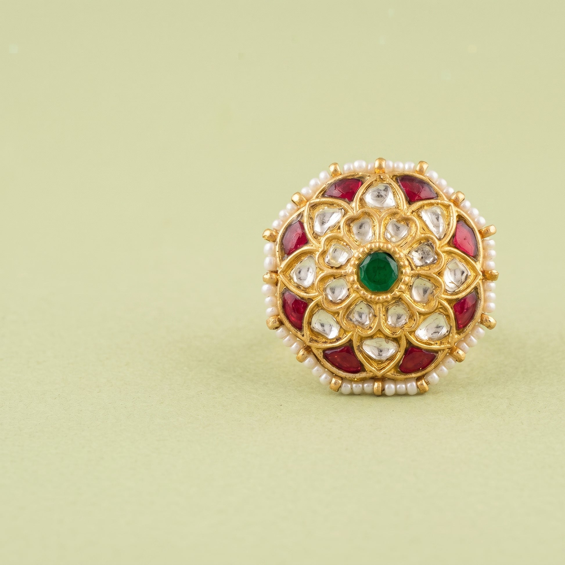 Handcrafted 22kt Gold Radial Ring with Kundan Set Certified Syndicate Polki in Sunburst Thapa Work