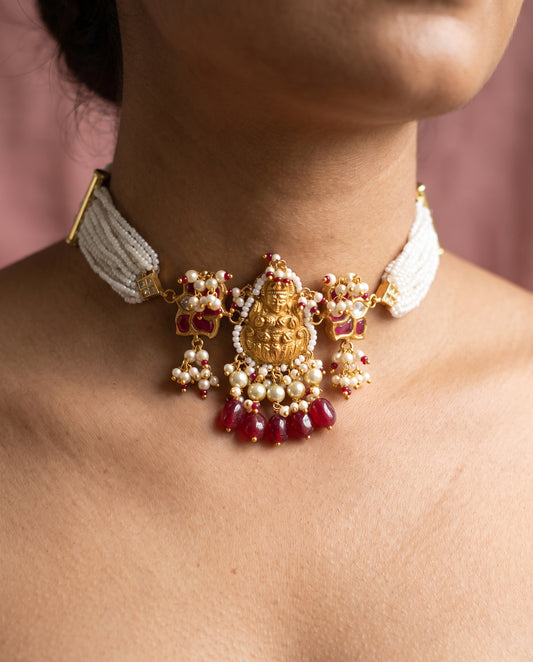 Handcrafted 22kt Gold Lakshmi Choker with Goddess Lakshmi Motif and Certified Syndicate Polki in Thapa Work