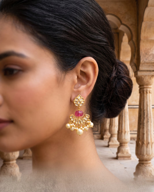 Handcrafted 22kt Gold Lotus Chand Earrings with 2 Carat Certified Syndicate Polki in Lotus and Crescent Thapa Work