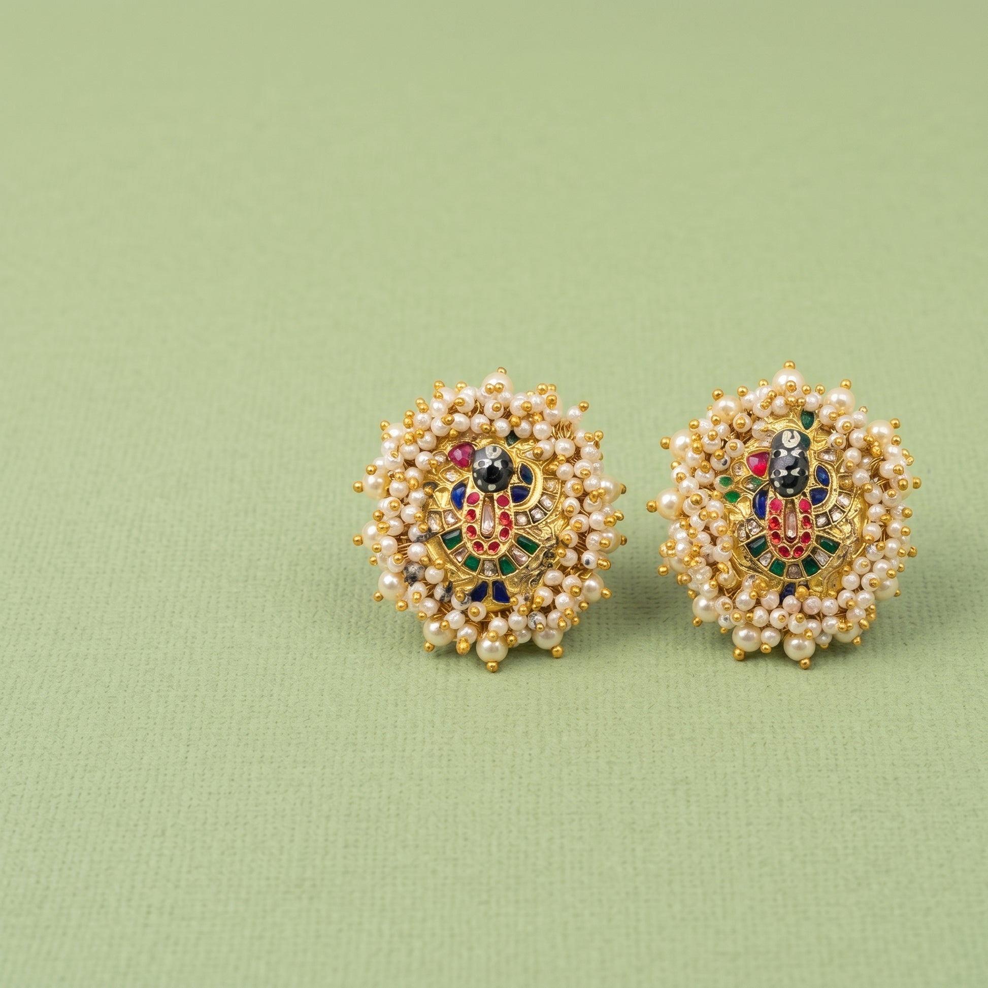 Handcrafted 22kt Gold Shreenathji Pearl Studs with 2 Carat Certified Syndicate Polki and Pearls in Devotional Thapa Work