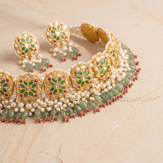 Handcrafted 22kt Gold Harit Green Choker Set with 7 Carat Certified Syndicate Polki and Green Semi Precious Stones in Lightweight Gold Sheet Work