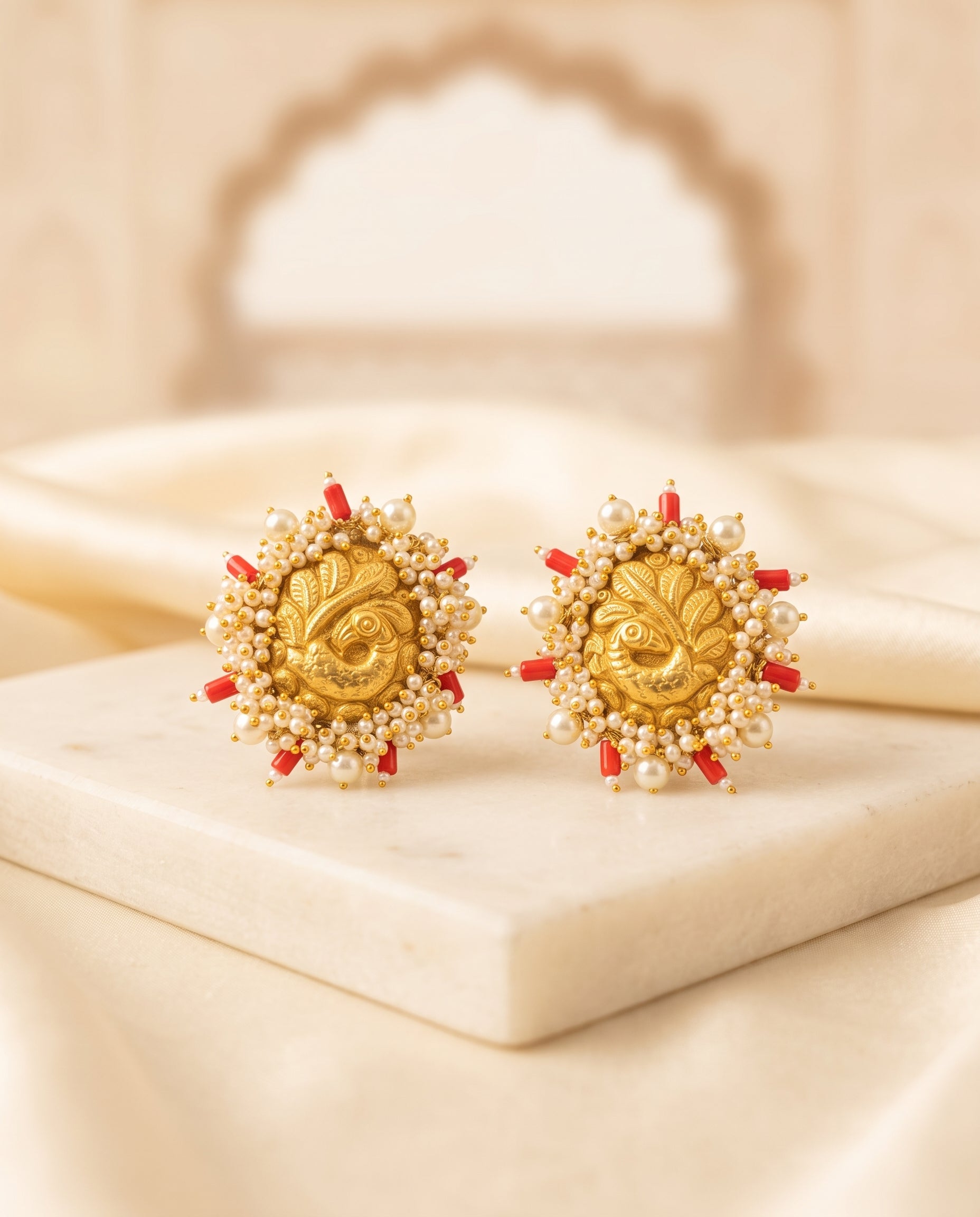 Handcrafted 22kt 916 Hallmarked Gold Peacock Earrings with Coral Stones in Peacock Motif Jhumki Thapa Work