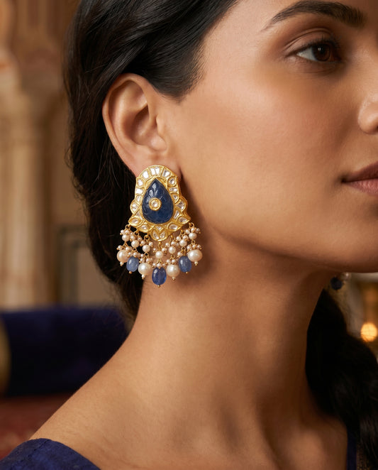 Jharoka Polki blue stone earrings | Vama Gears