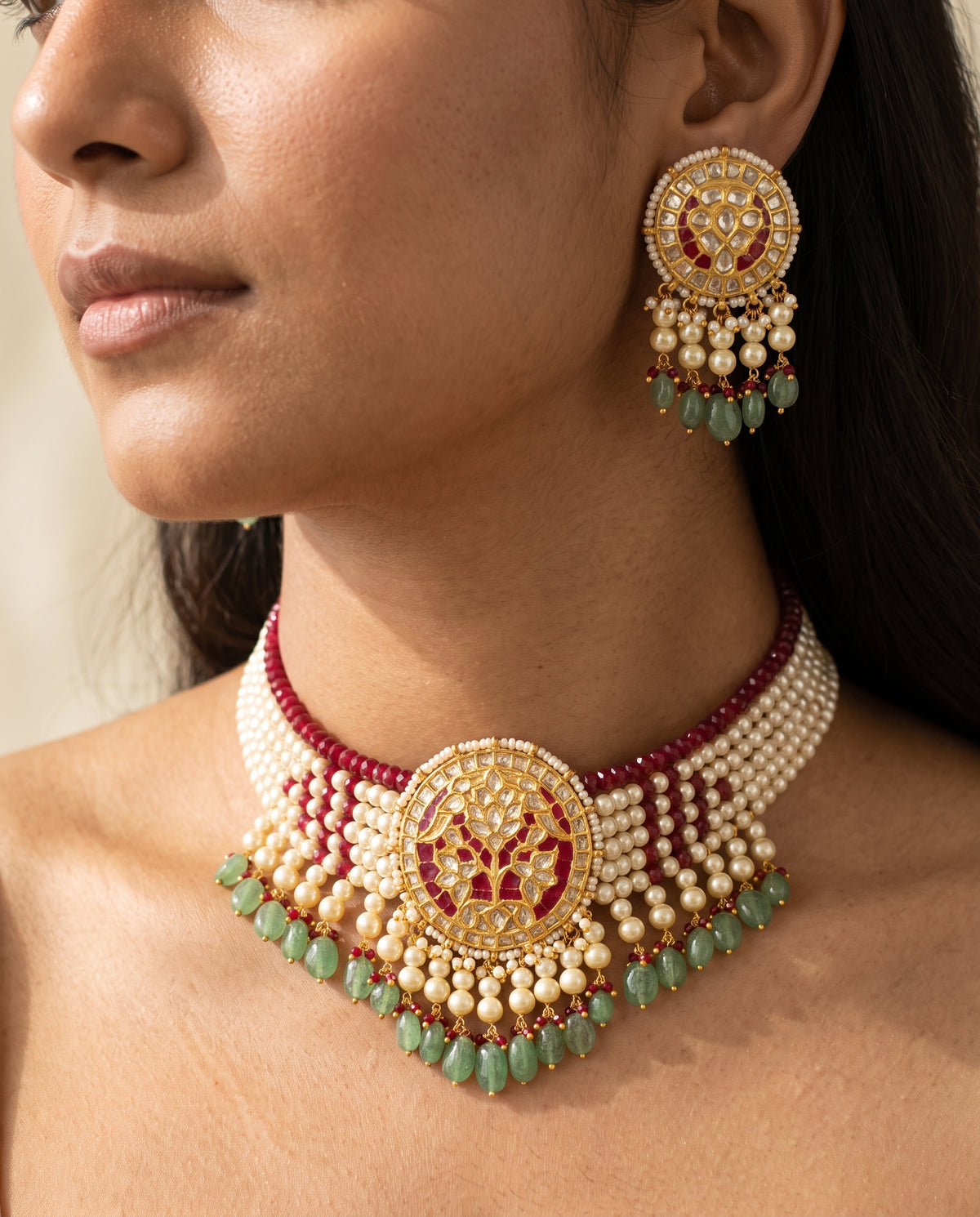 Handcrafted 22kt Gold Chandrika Set with 6 Carat Certified Syndicate Polki in Thapa Work