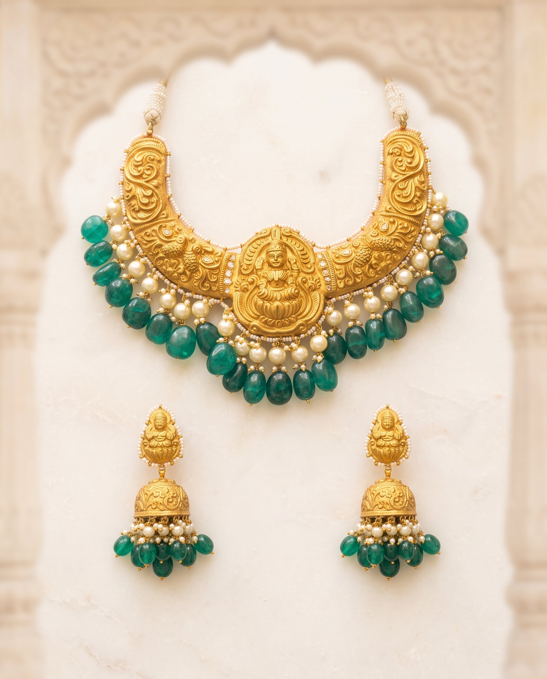 Handcrafted 22kt Gold Lakshmi Hasli Rigid Collar Necklace with Goddess Lakshmi Motif and 3 Carat Certified Syndicate Polki in Thapa Work
