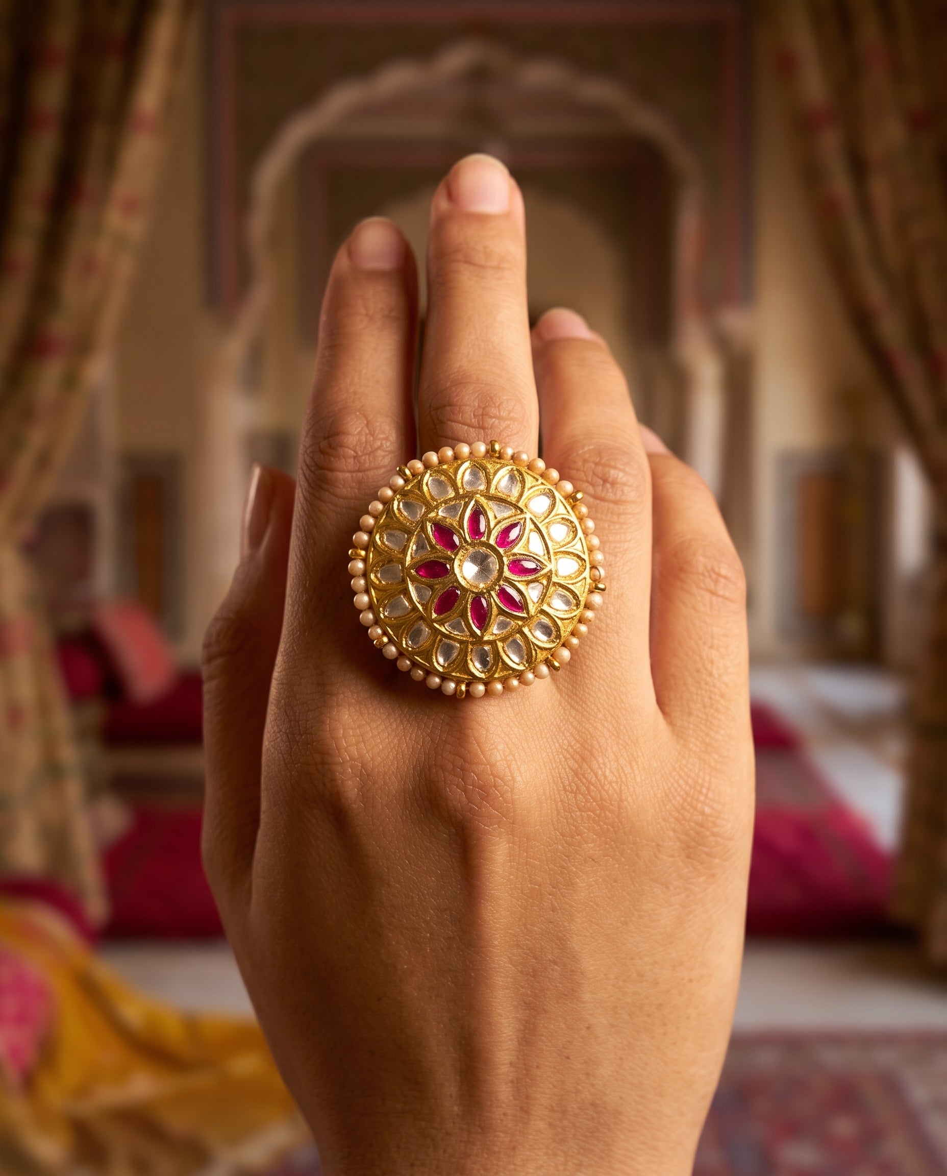 Handcrafted 22kt Gold Pink Flower Ring with 2 Carat Certified Syndicate Polki and Pink Semi Precious Stone in Floral Thapa Work