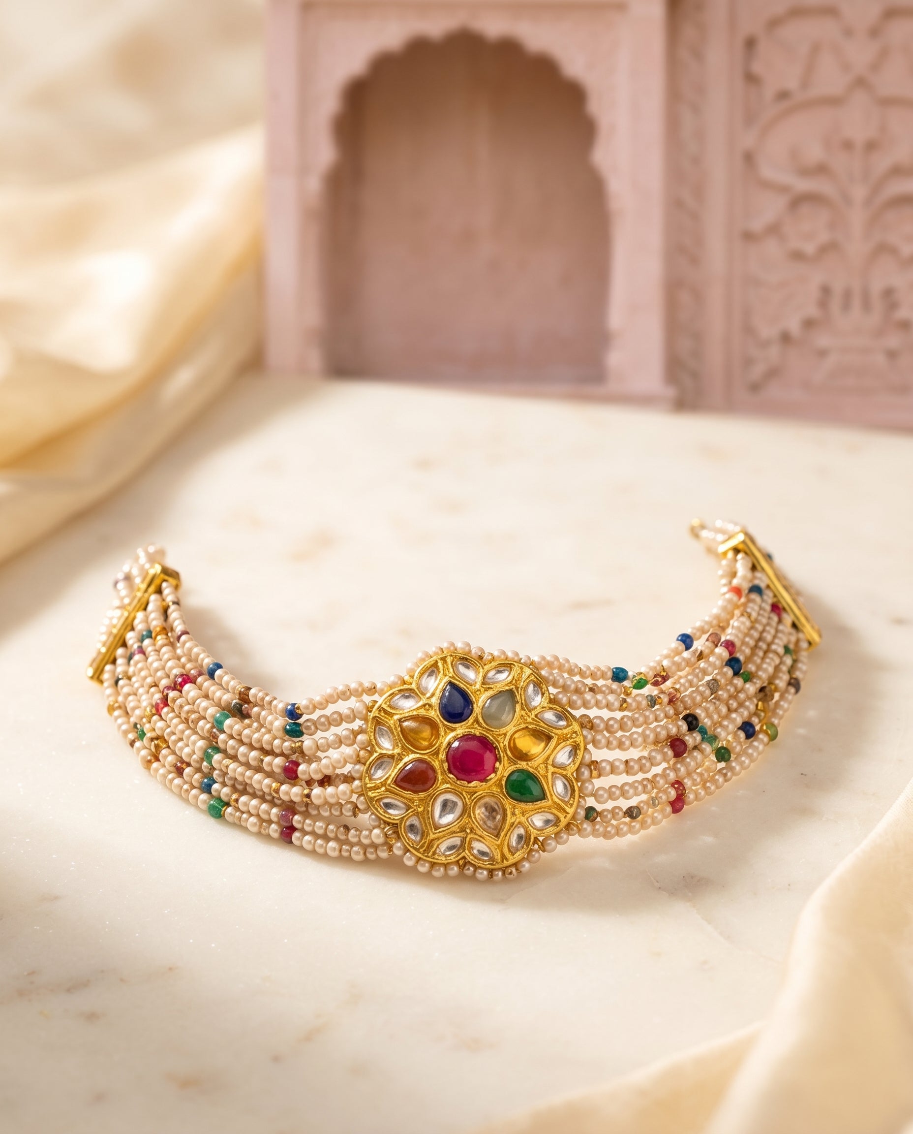 Handcrafted 22kt Gold Navratan Choker with 2 Carat Certified Syndicate Polki and Multi-Colour Semi Precious Stones in Thapa Work