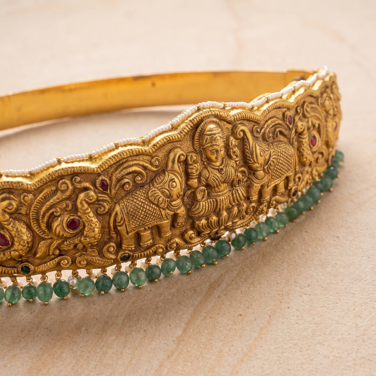 Handcrafted 22kt 916 Hallmarked Gold Temple Belt Kamarband Waist Ornament with Temple Motifs in Thapa Work