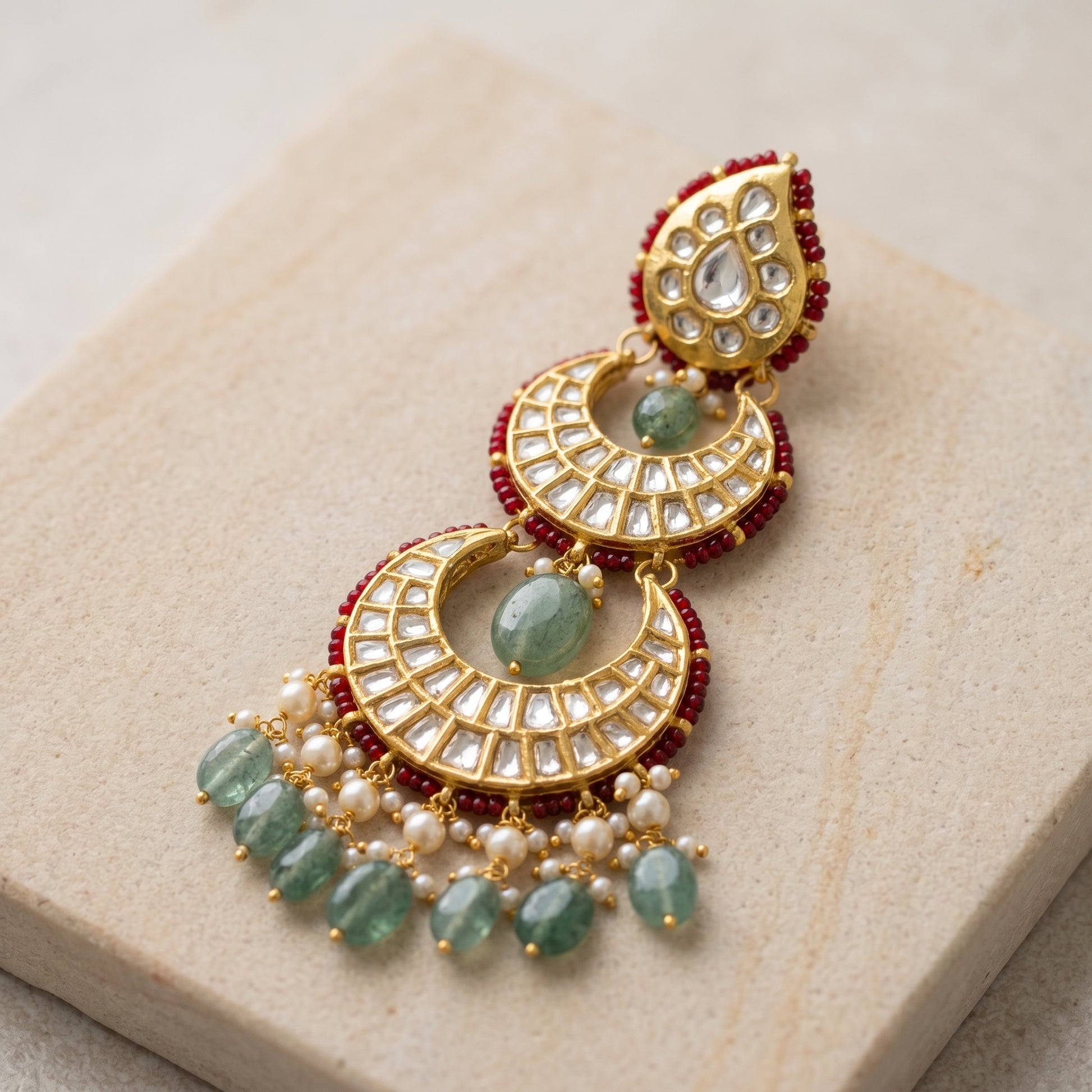 Handcrafted 22kt Gold Tiered Chandbali Earrings with 4 Carat Certified Syndicate Polki in Cascading Crescent Thapa Work
