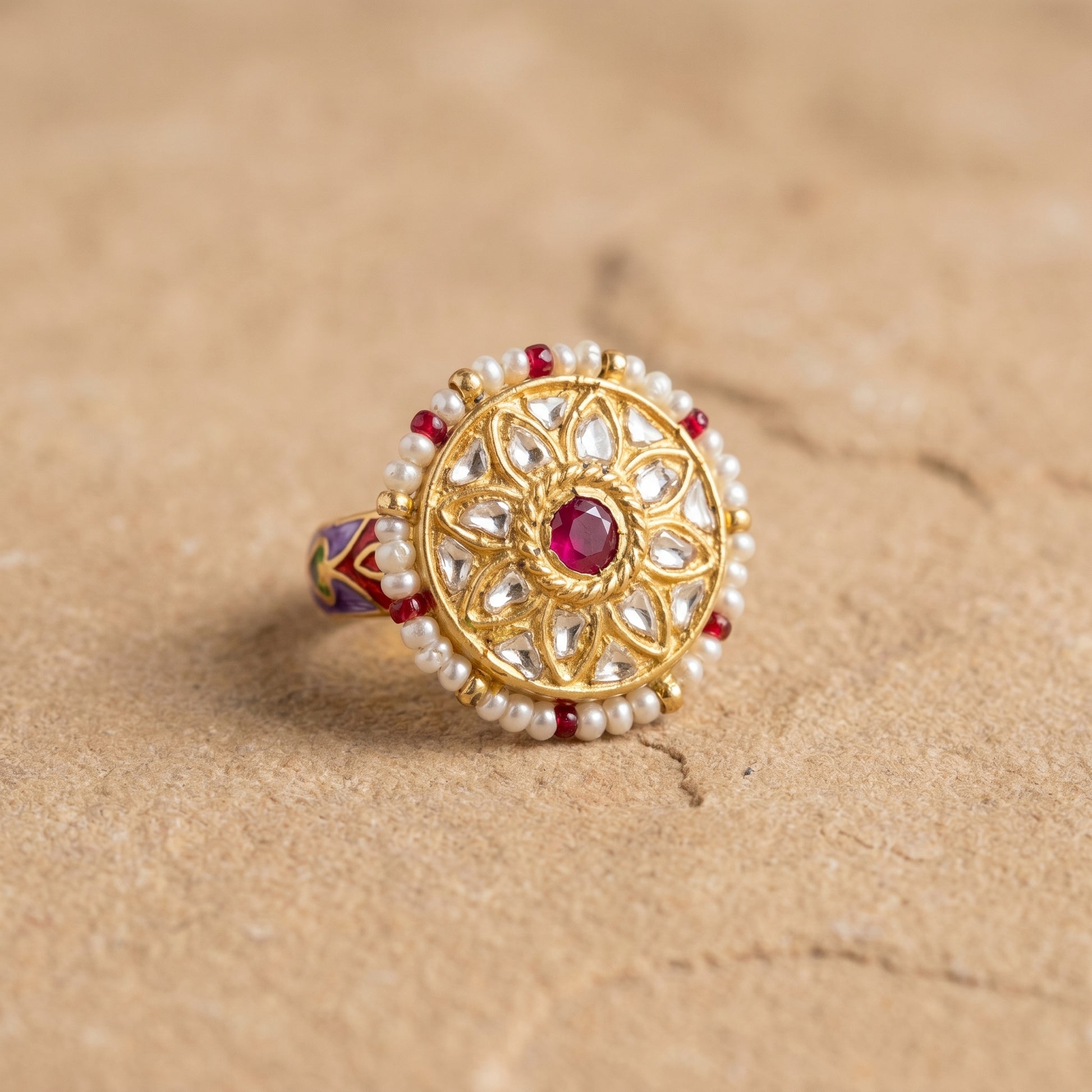 Jharoka Round red stone ring | Vama Gears