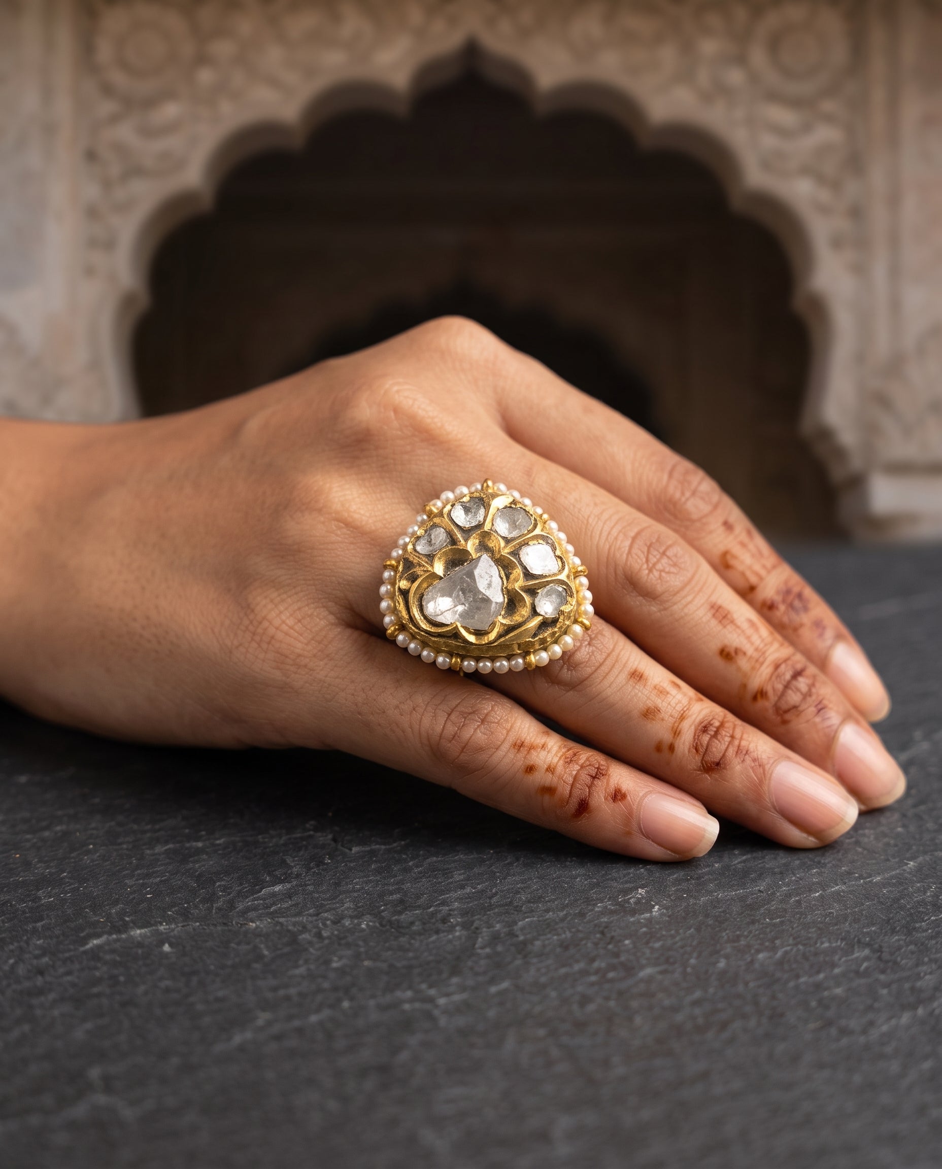 Handcrafted 22kt Gold Uncut Polki Ring with 2 Carat Certified Syndicate Polki in Thapa Work