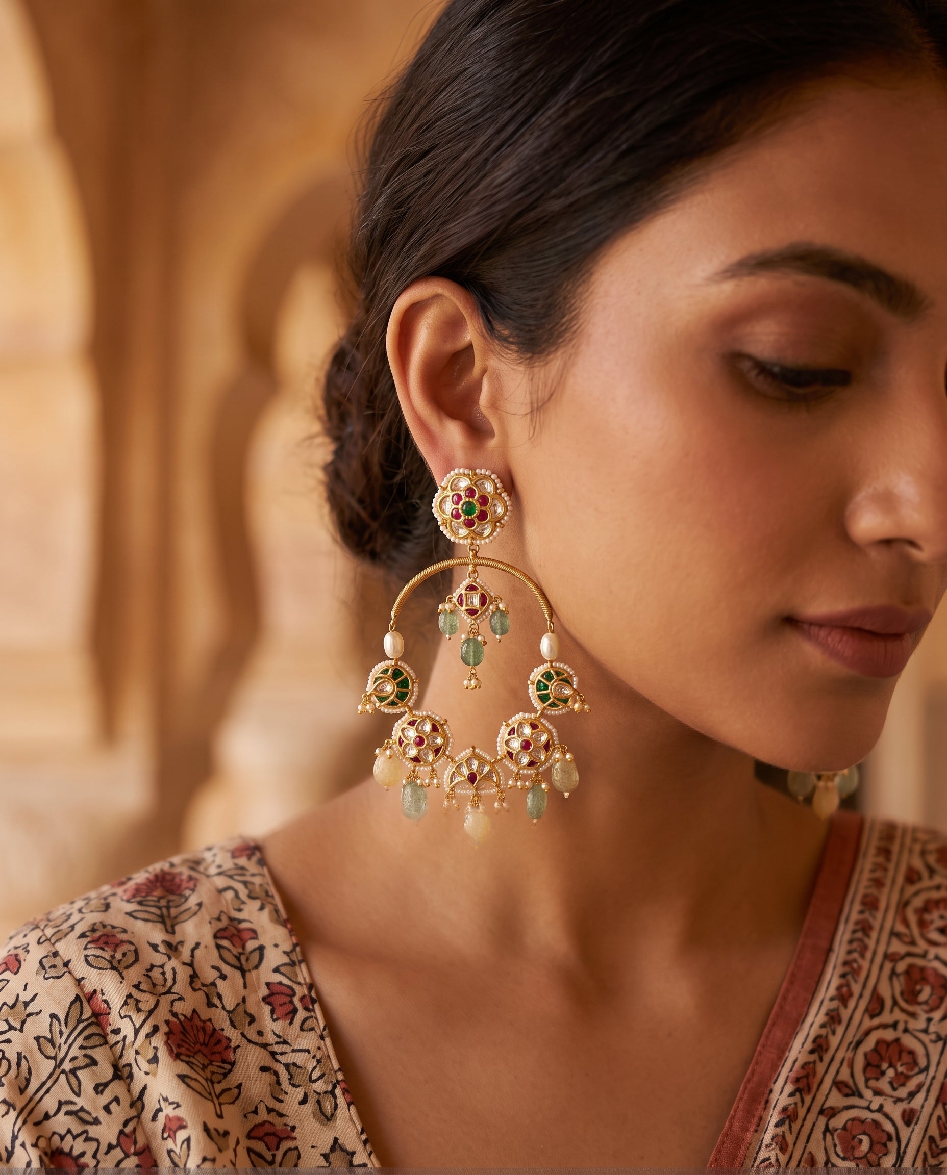 Handcrafted 22kt Gold Jharokha Crescent Earrings with 5 Carat Certified Syndicate Polki in Jharokha Arch Crescent Thapa Work