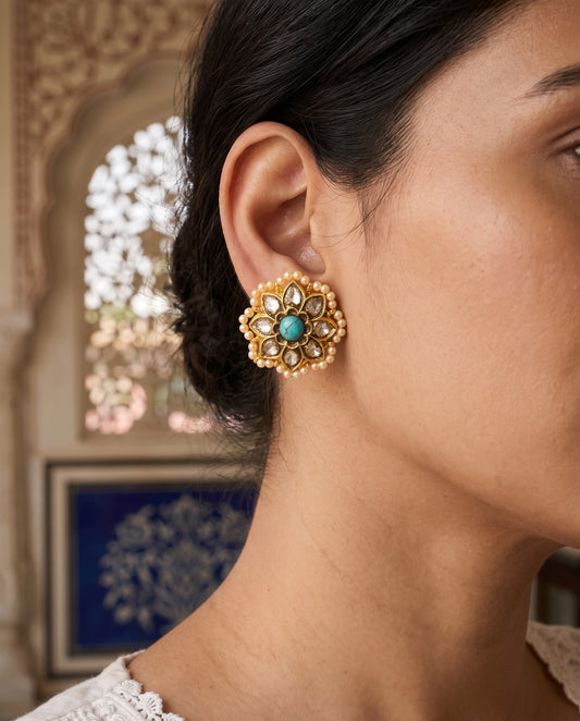 Handcrafted 22kt Gold Star Feroza Studs with 3 Carat Certified Syndicate Polki and Turquoise Feroza Stones in Thapa Work