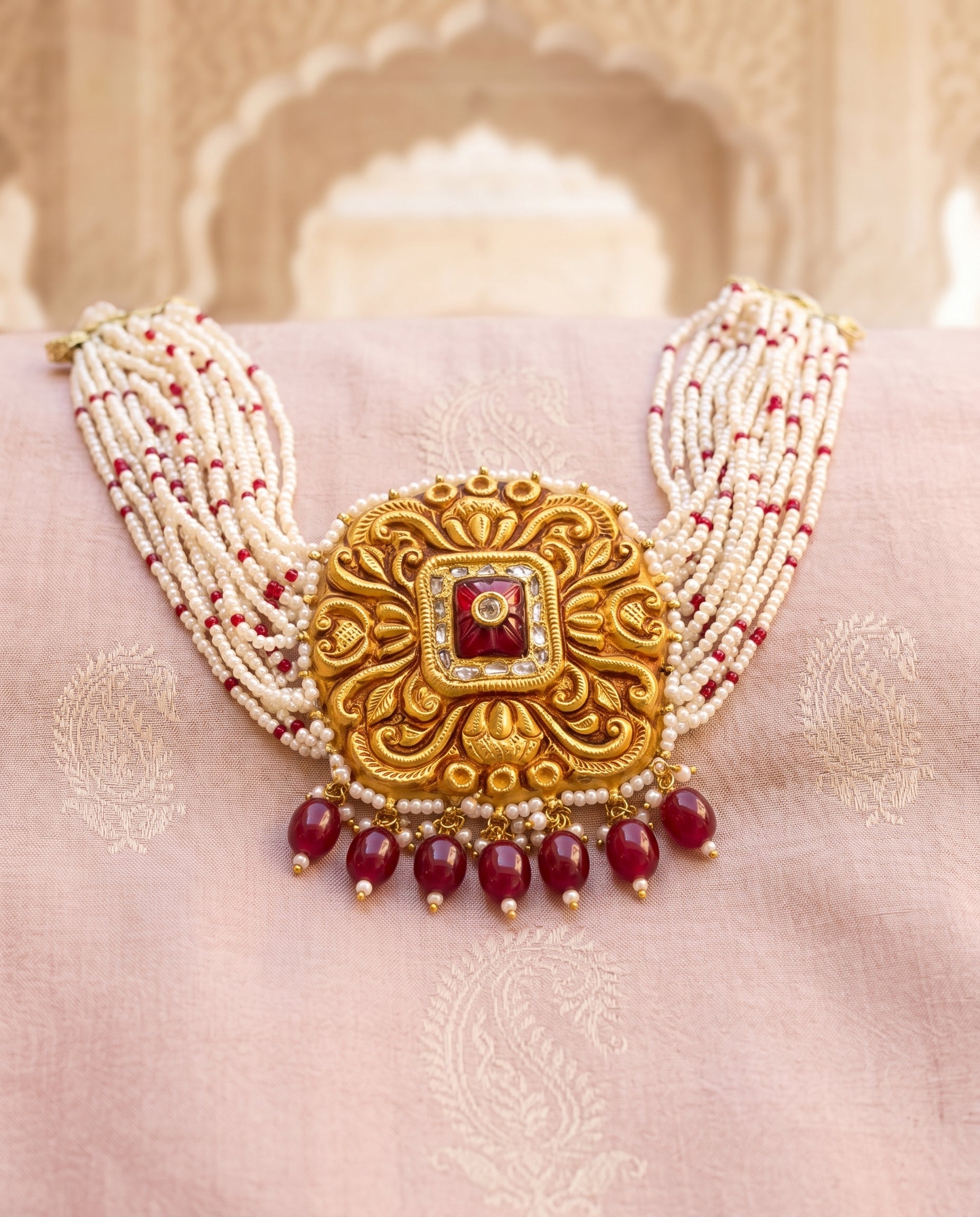 Handcrafted 22kt Gold Square Temple Pendant with Certified Syndicate Polki in Temple Motif Thapa Work
