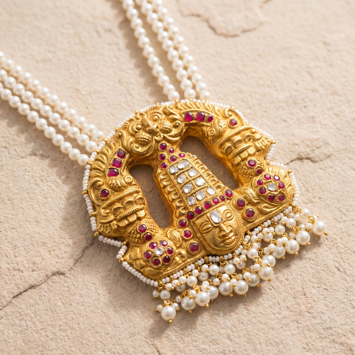 Handcrafted 22kt Gold Pearl Mala with Balaji Pendant Pearls and 4 Carat Certified Syndicate Polki in Thapa Work
