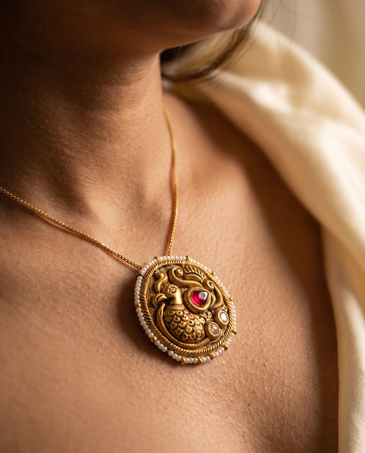 Handcrafted 22kt Gold Peacock Antique Pendant with Certified Syndicate Polki in Antique Finish Peacock Motif Thapa Work