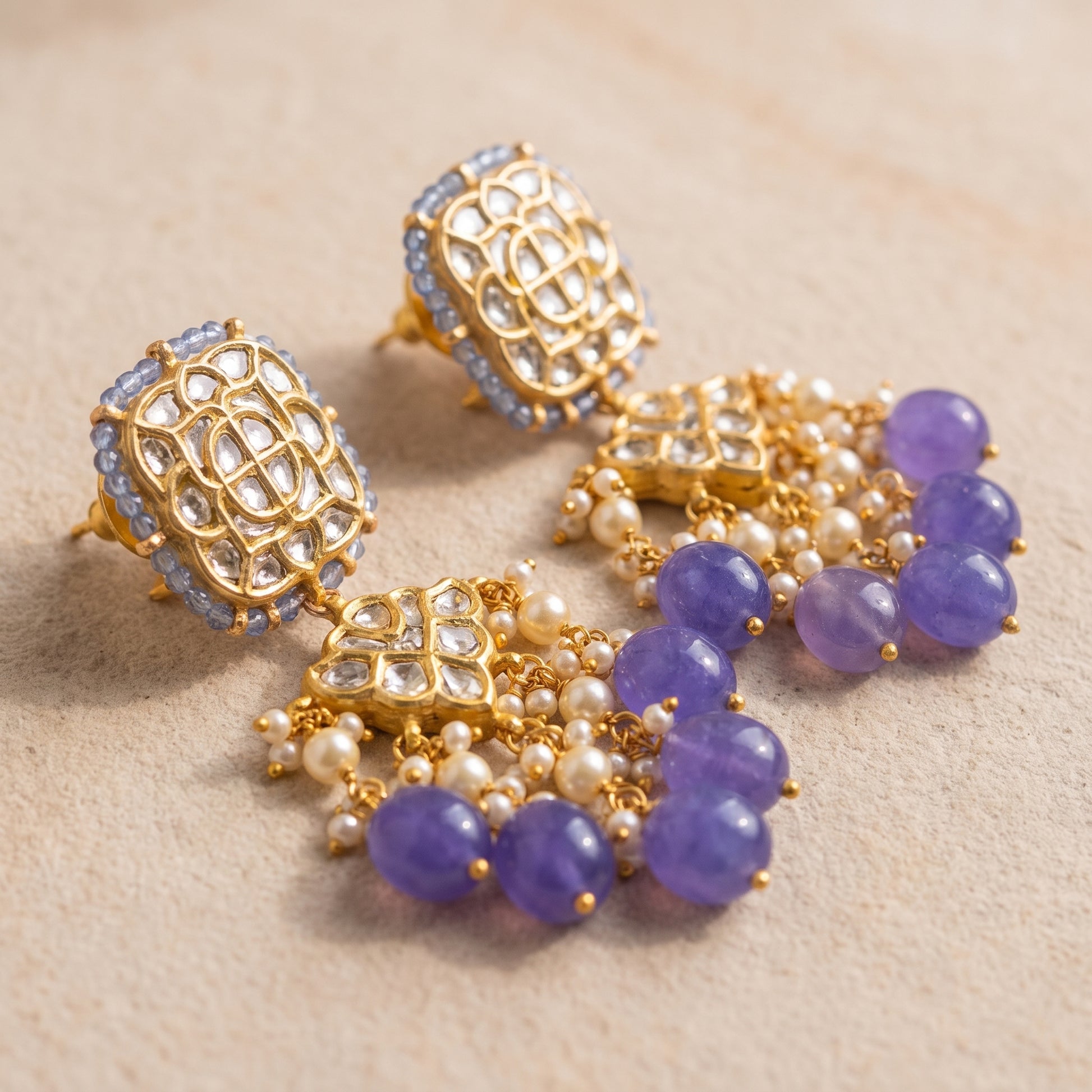Handcrafted 22kt Gold Jakarti Earrings with Certified Syndicate Polki in Thapa Work