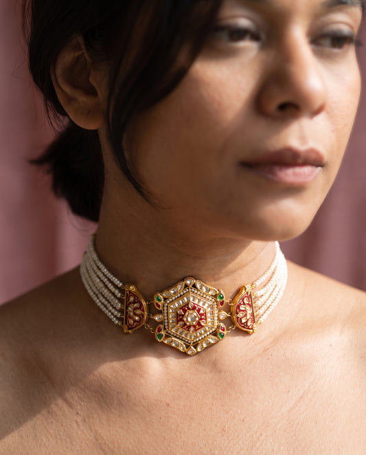Handcrafted 22kt Gold Red Meenakari Choker Set with 5 Carat Certified Syndicate Polki and Red Meenakari Enamel Work in Thapa Work