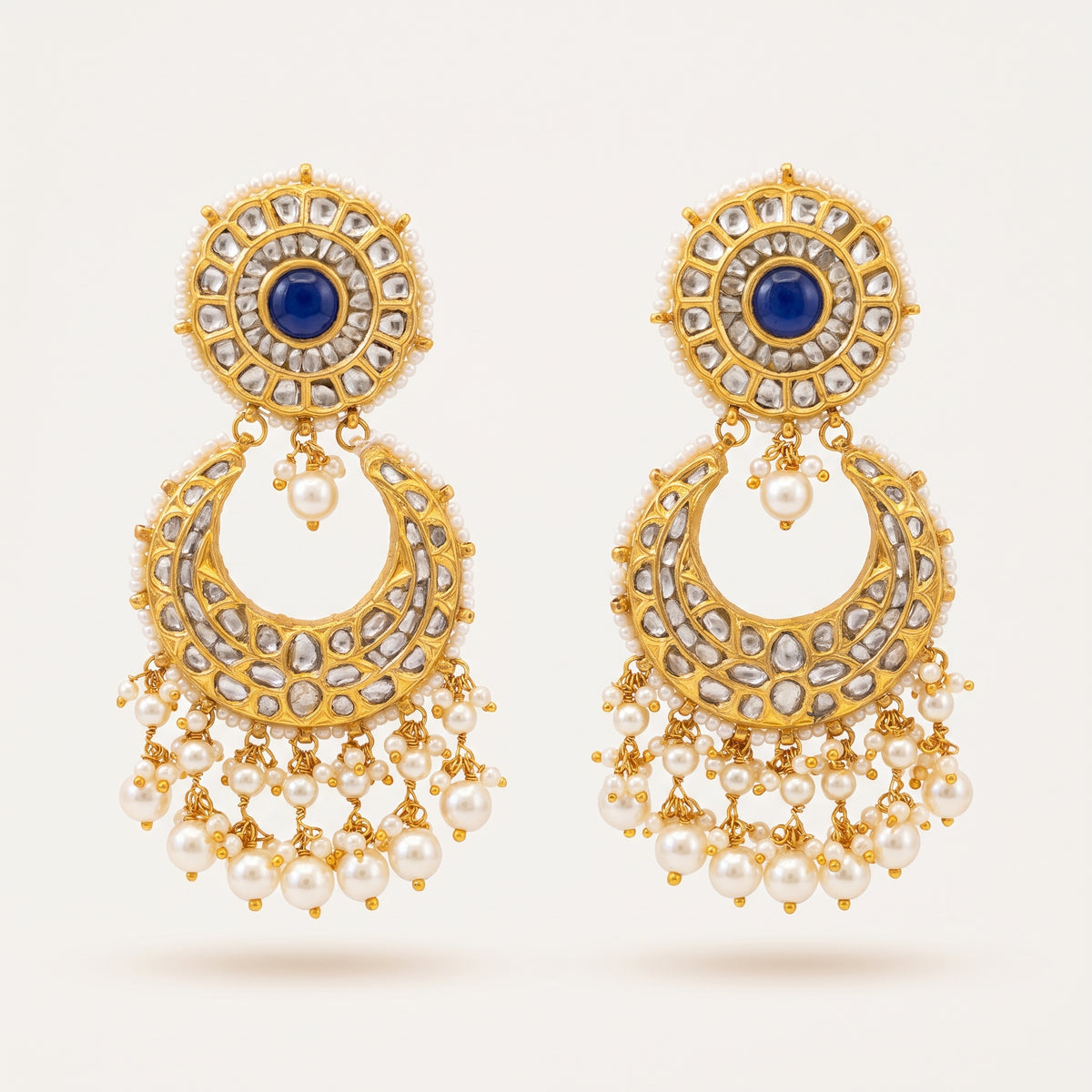 Handcrafted 22kt Gold All Polki Chandbali Earrings with 4 Carat Certified Syndicate Polki Across the Crescent in Lightweight Gold Sheet Work