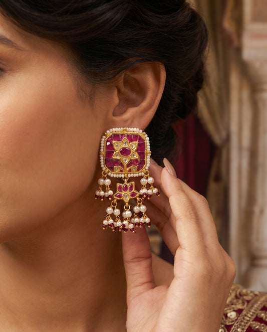 Jharoka Pink square lotus earrings | Vama Gears