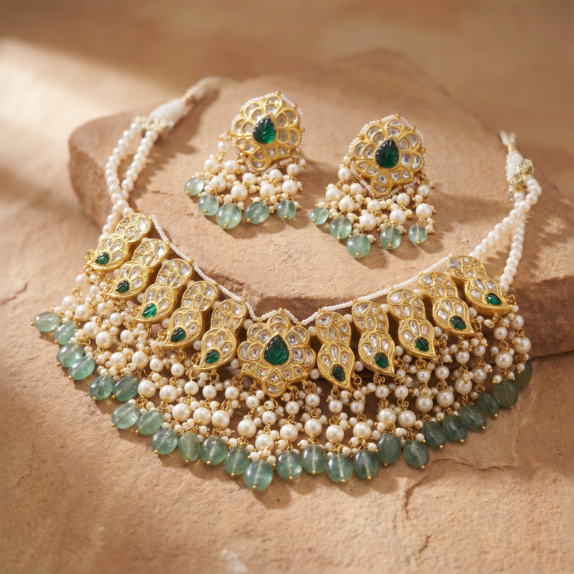 Jharoka Green drops choker set | Vama Gears