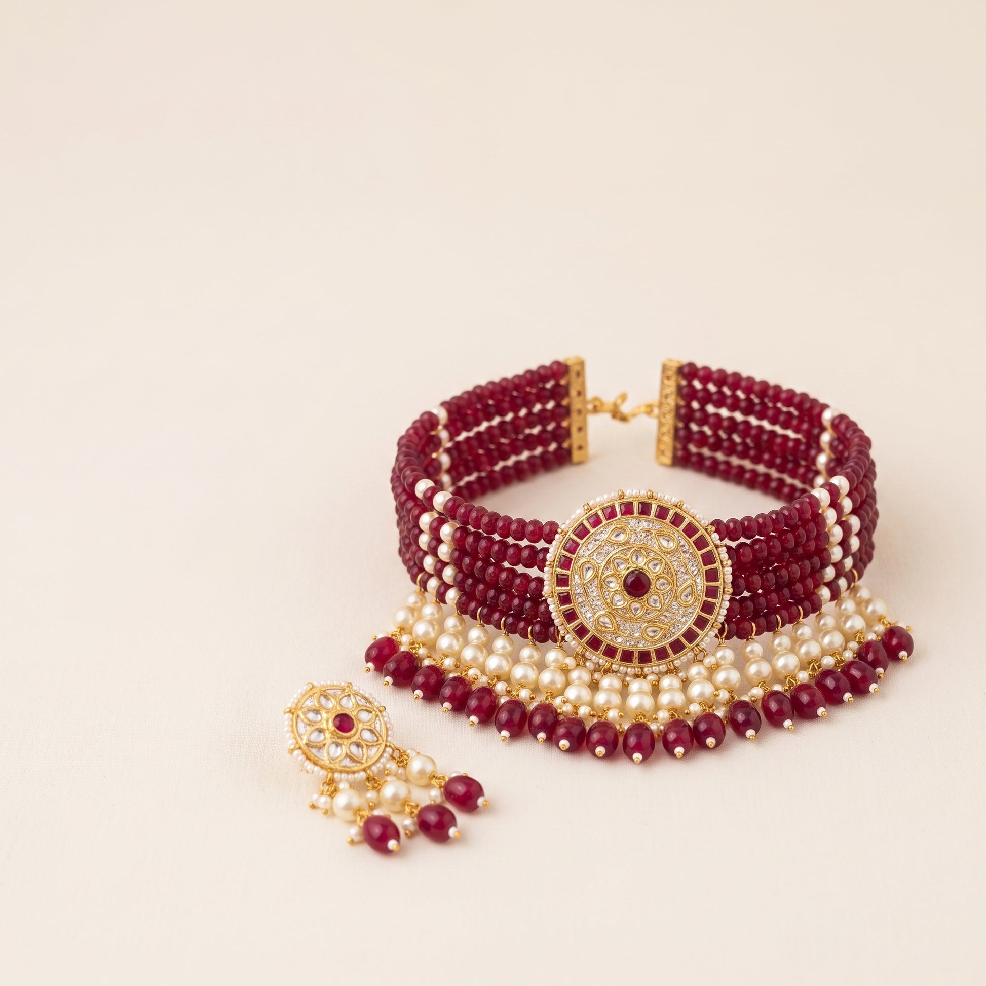 Handcrafted 22kt Gold Red Choker Set with 3 Carat Certified Syndicate Polki and Red Semi Precious Stones in Thapa Work