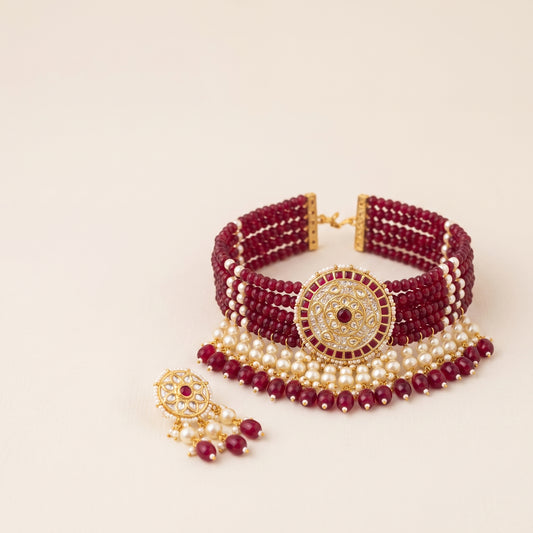 Handcrafted 22kt Gold Red Choker Set with 3 Carat Certified Syndicate Polki and Red Semi Precious Stones in Thapa Work