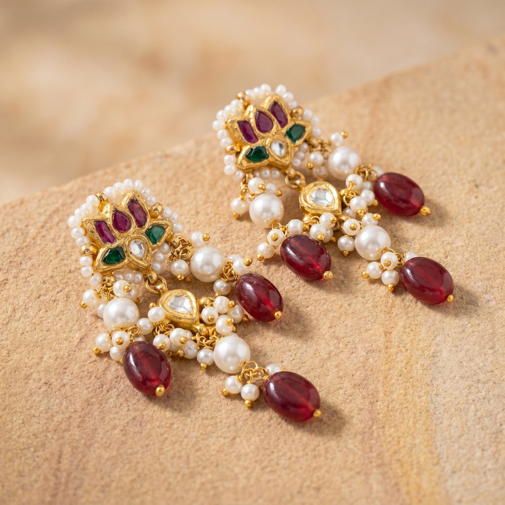 Jharoka Maroon lotus earrings | Vama Gears
