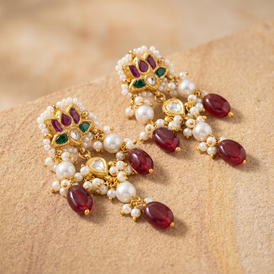 Jharoka Maroon lotus earrings | Vama Gears