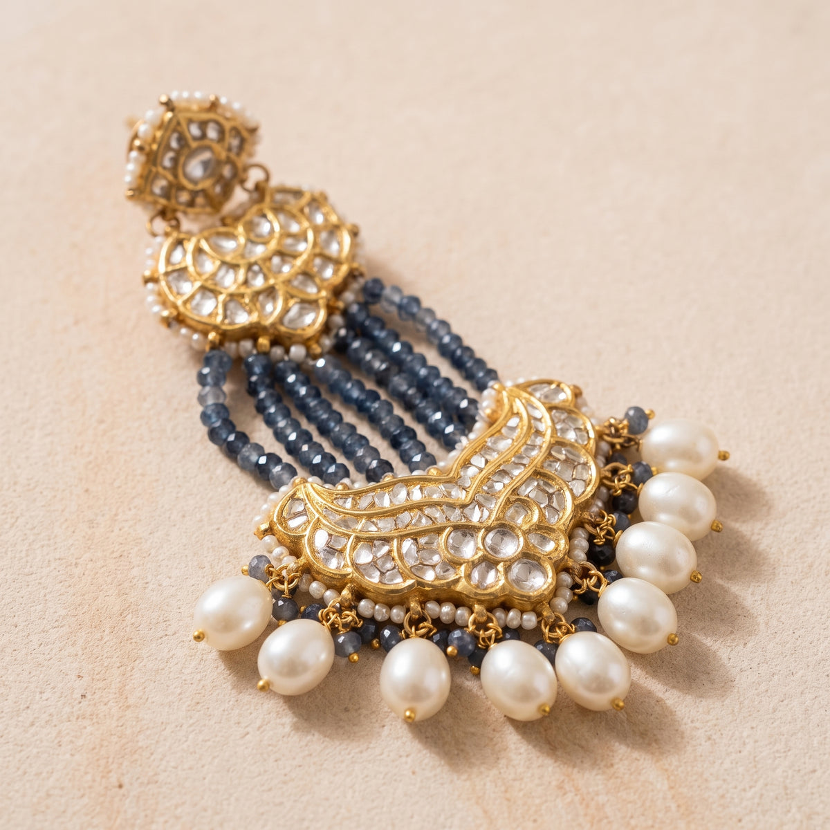 Handcrafted 22kt Gold Three Layer Chandbali Earrings with 5 Carat Certified Syndicate Polki and Blue Bead Drops in Cascading Crescent Thapa Work