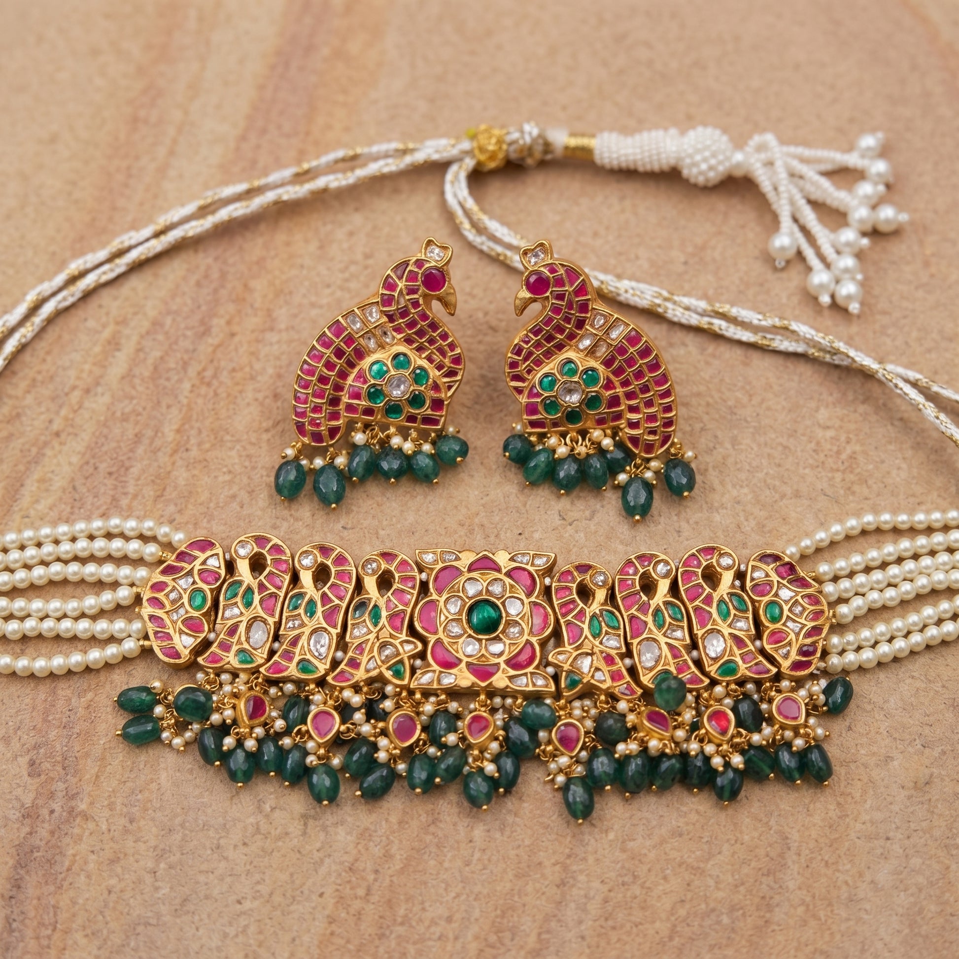 Handcrafted 22kt Gold Peacock Pink Choker Set with Matching Earrings 6 Carat Certified Syndicate Polki and Pink Semi Precious Stones in Thapa Work
