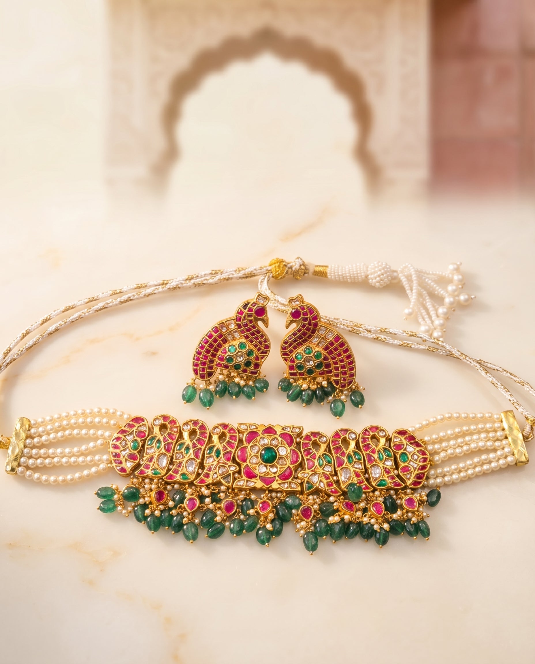 Handcrafted 22kt Gold Peacock Pink Choker Set with Matching Earrings 6 Carat Certified Syndicate Polki and Pink Semi Precious Stones in Thapa Work