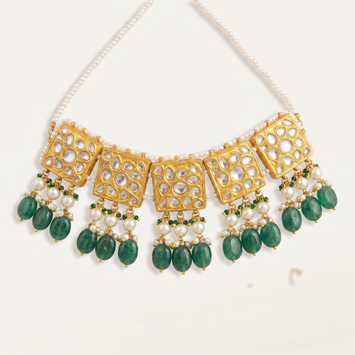 Handcrafted 22kt Gold Rectangle Choker Set with 8 Carat Certified Syndicate Polki in Rectangular Motif Thapa Work