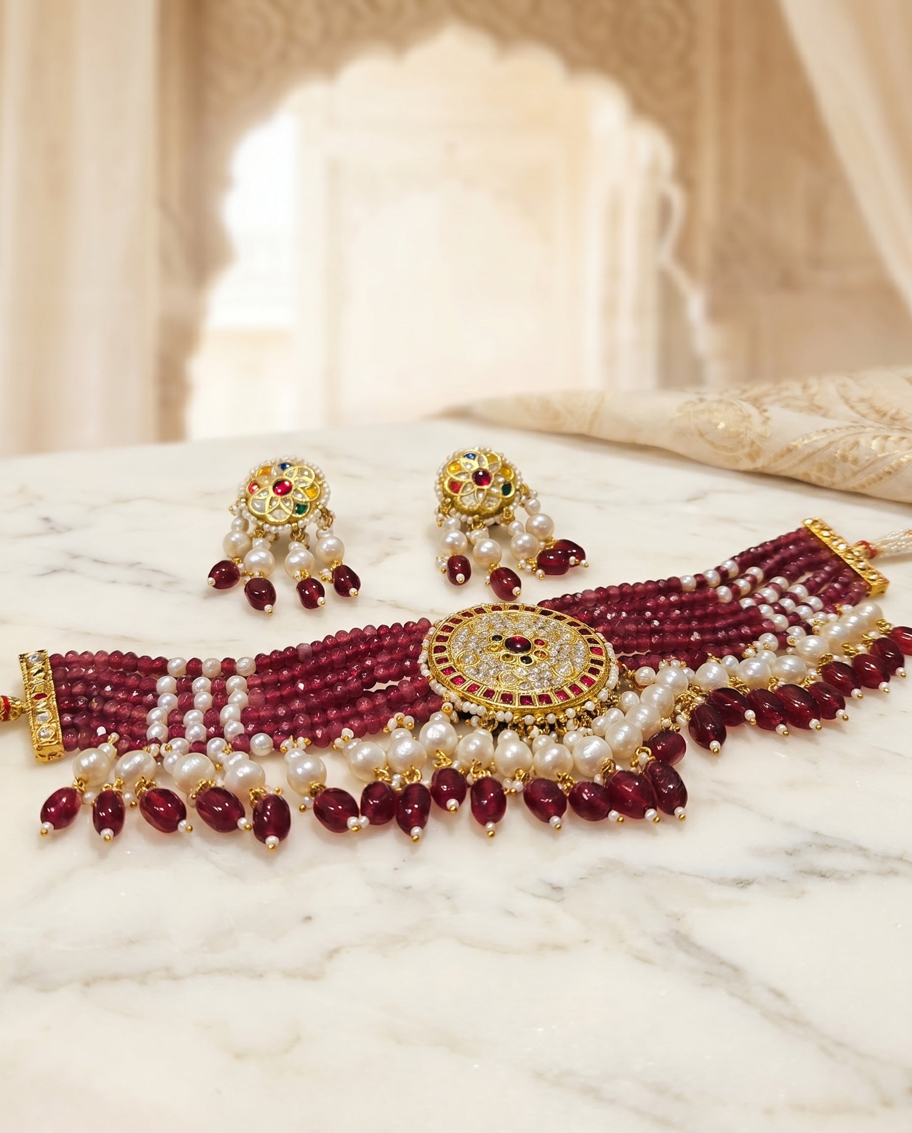 Jharoka Red navaratan choker | Vama Gears