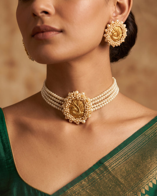 Handcrafted 22kt 916 Hallmarked Gold Peacock Pearl Choker Set with Matching Earrings Peacock Motifs and Pearls in Thapa Work