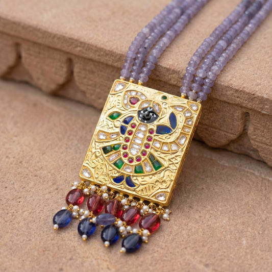 Handcrafted 22kt Gold Shreenathji Pendant with 3 Carat Certified Syndicate Polki in Devotional Thapa Work