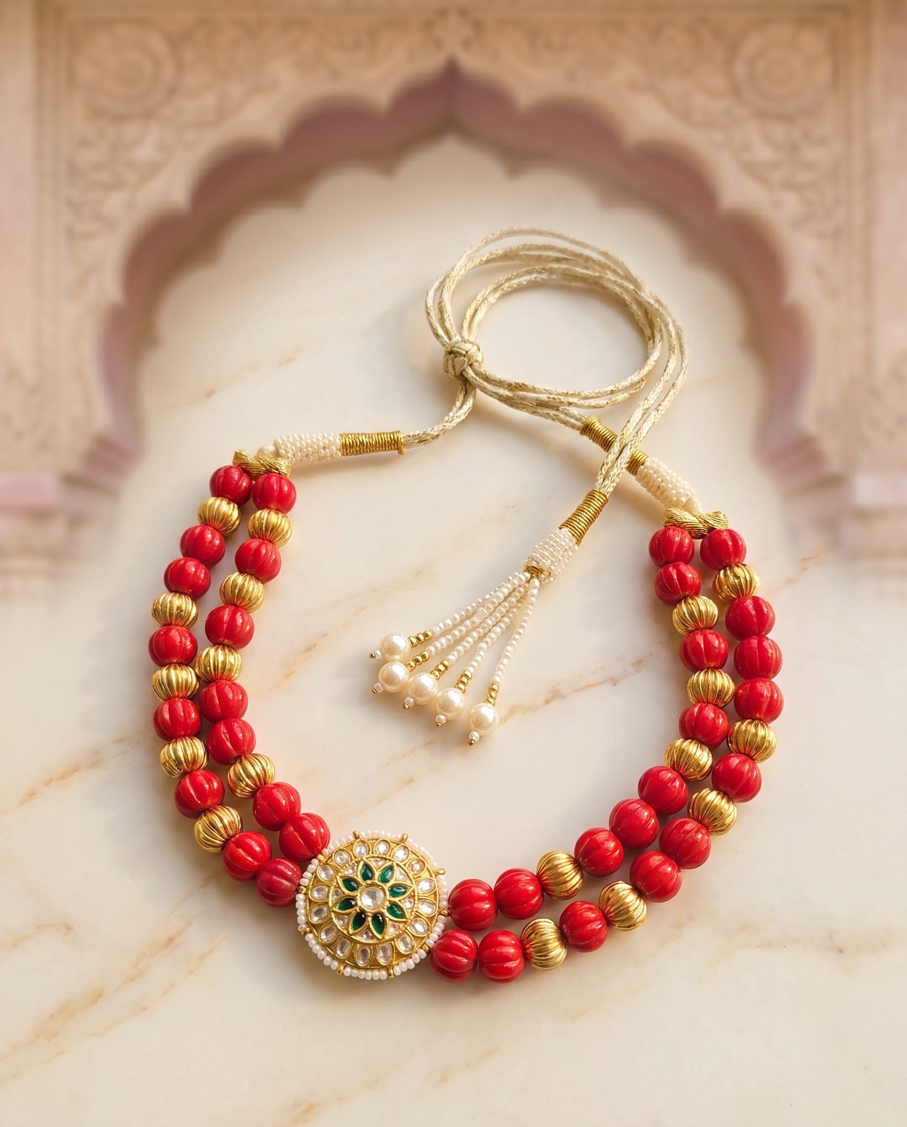 Jharoka Round flower coral choker | Vama Gears