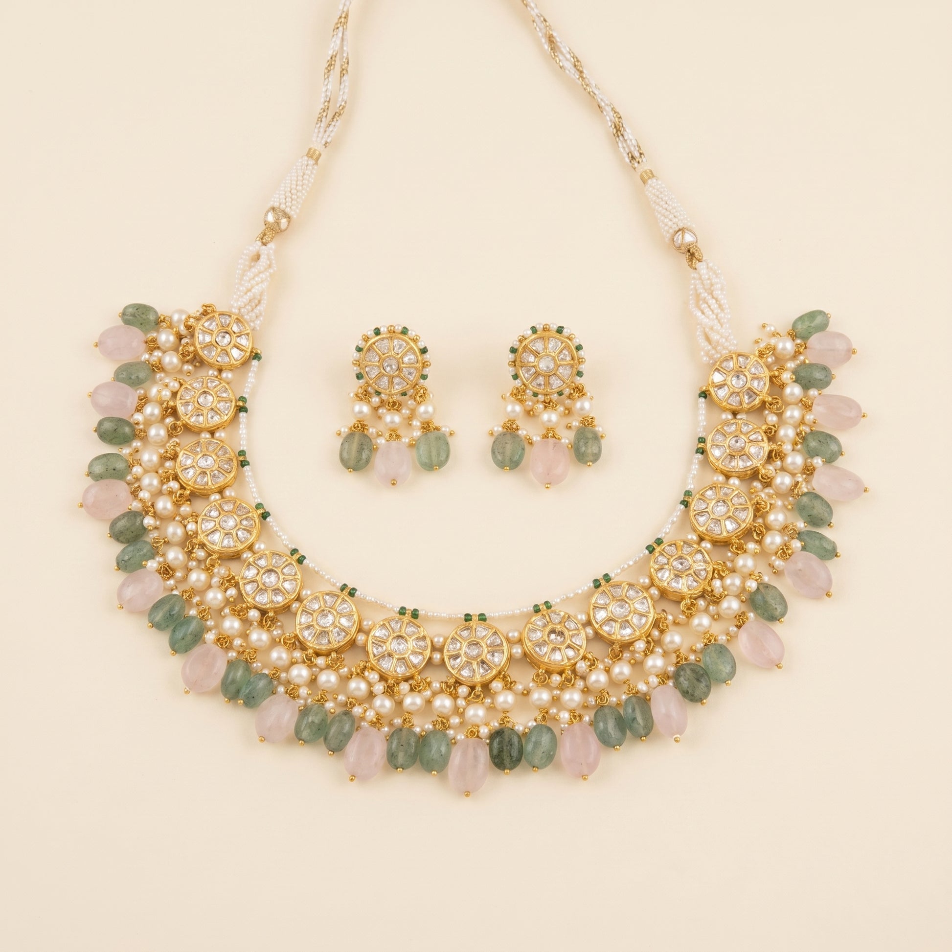 Jharoka Round motive green pink necklace | Vama Gears